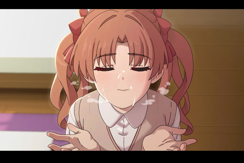 1girl after_ejaculation bow brown_hair brown_sweater_vest closed_eyes closed_mouth collared_shirt cum cupping_hands english_commentary facial facing_viewer gokkun hair_bow hands_up highres indoors long_hair own_hands_together paid_reward_available pov red_bow school_uniform shirai_kuroko shirt short_sleeves sleepy_frippy solo summer_uniform swallowing sweater_vest toaru_kagaku_no_railgun toaru_majutsu_no_index tokiwadai_school_uniform twintails white_shirt