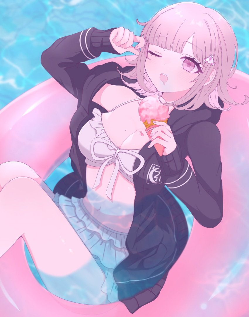 1girl ;d bikini chi_gu danganronpa_(series) danganronpa_2:_goodbye_despair food galaga hair_ornament highres holding holding_food holding_ice_cream holding_ice_cream_cone ice_cream ice_cream_cone innertube jacket long_sleeves looking_at_viewer medium_hair nanami_chiaki one_eye_closed open_clothes open_jacket pink_eyes smile swim_ring swimsuit teeth upper_teeth_only water white_bikini