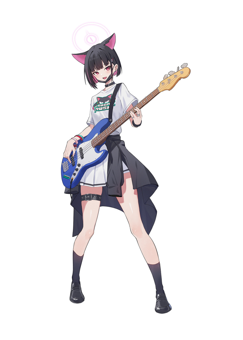 1girl animal_ears black_choker black_footwear black_jacket black_mask black_socks blonde_hair blue_archive blush cat_ears choker clothes_around_waist colored_inner_hair electric_guitar extra_ears guitar halo highres holding holding_instrument instrument jacket jacket_around_waist kazusa_(band)_(blue_archive) kazusa_(blue_archive) mask mask_pull mouth_mask multicolored_hair music official_alternate_costume open_mouth pink_hair pink_halo playing_instrument pleated_skirt ranyu red_eyes shirt shoes short_hair short_sleeves simple_background skirt smile socks solo thigh_strap white_background white_shirt white_skirt