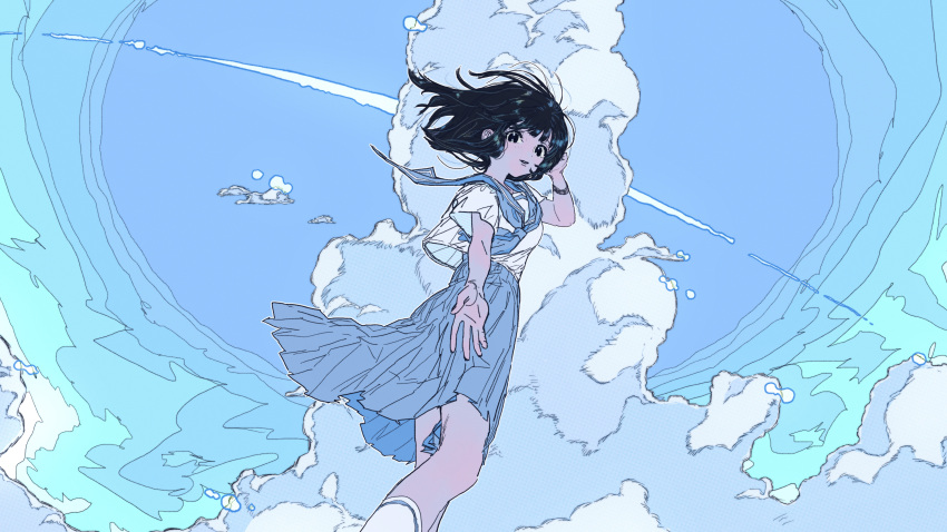 1girl absurdres black_eyes black_hair blue_neckerchief blue_sailor_collar blue_skirt blue_sky bracelet cloud contrail cumulonimbus_cloud day floating_hair hand_up highres jewelry neckerchief original outdoors pleated_skirt sailor_collar school_uniform serafuku shirt short_hair short_sleeves single_horizontal_stripe skirt sky socks solo white_shirt white_socks yosh1to