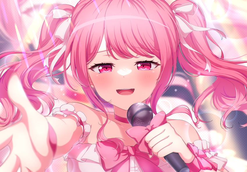 1girl absurdres bang_dream! bare_shoulders blurry blush choker collarbone commentary_request depth_of_field detached_sleeves dress hair_ribbon highres holding holding_microphone idol idol_clothes long_hair looking_at_viewer maruyama_aya meu203 microphone open_mouth pink_choker pink_eyes pink_hair reaching reaching_towards_viewer ribbon solo strapless strapless_dress teeth twintails upper_body upper_teeth_only white_ribbon