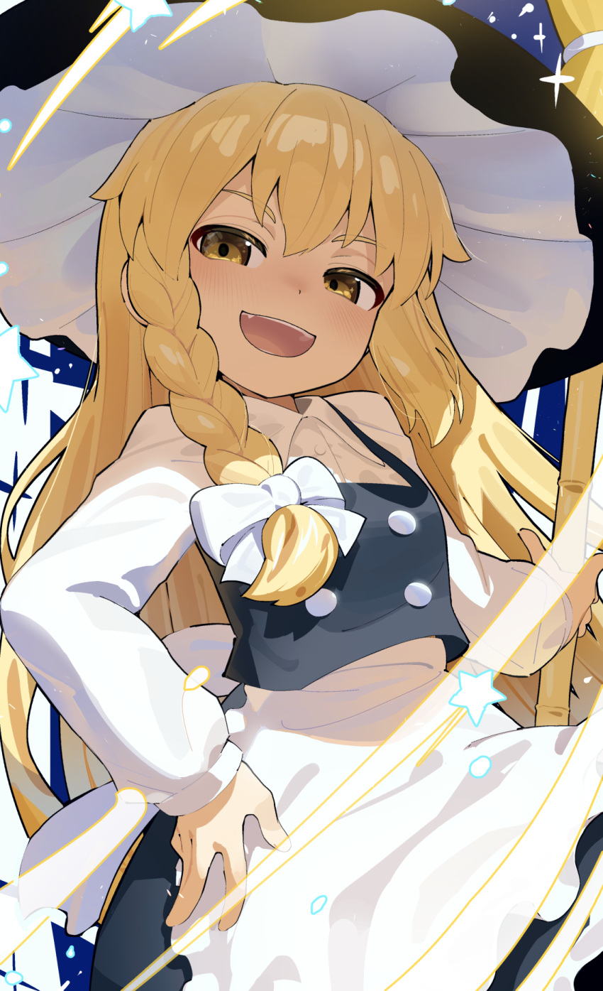 1girl :d apron black_hat black_skirt black_vest blonde_hair bow braid breasts brown_eyes collared_shirt dress_shirt frilled_apron frills hair_between_eyes hair_bow half-closed_eyes hand_on_own_hip hat highres kirisame_marisa long_sleeves looking_at_viewer monosenbei puffy_long_sleeves puffy_sleeves shirt single_braid skirt small_breasts smile solo touhou vest waist_apron white_apron white_bow white_shirt