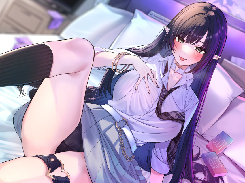 1girl :p black_eyes black_hair black_nails black_panties black_socks blush bracelet breasts condom_box earrings elf highres jewelry kneehighs long_hair looking_at_viewer mole mole_under_eye necktie on_bed original panties pillow pleated_skirt pointy_ears school_uniform sino42 sitting skirt smile socks solo thigh_strap tongue tongue_out underwear very_long_hair