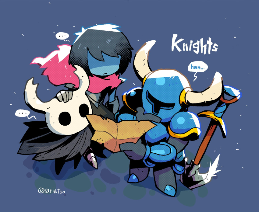 ... 1boy 2others androgynous armor black_hair blue_background blue_skin cloak closed_mouth crossover deltarune gloves helmet highres holding holding_map hollow_knight horned_helmet horns knight_(hollow_knight) kris_(deltarune) map multiple_others rariatto_(ganguri) red_scarf scarf shaded_face shovel shovel_knight shovel_knight_(character) simple_background spoken_ellipsis twitter_username weapon
