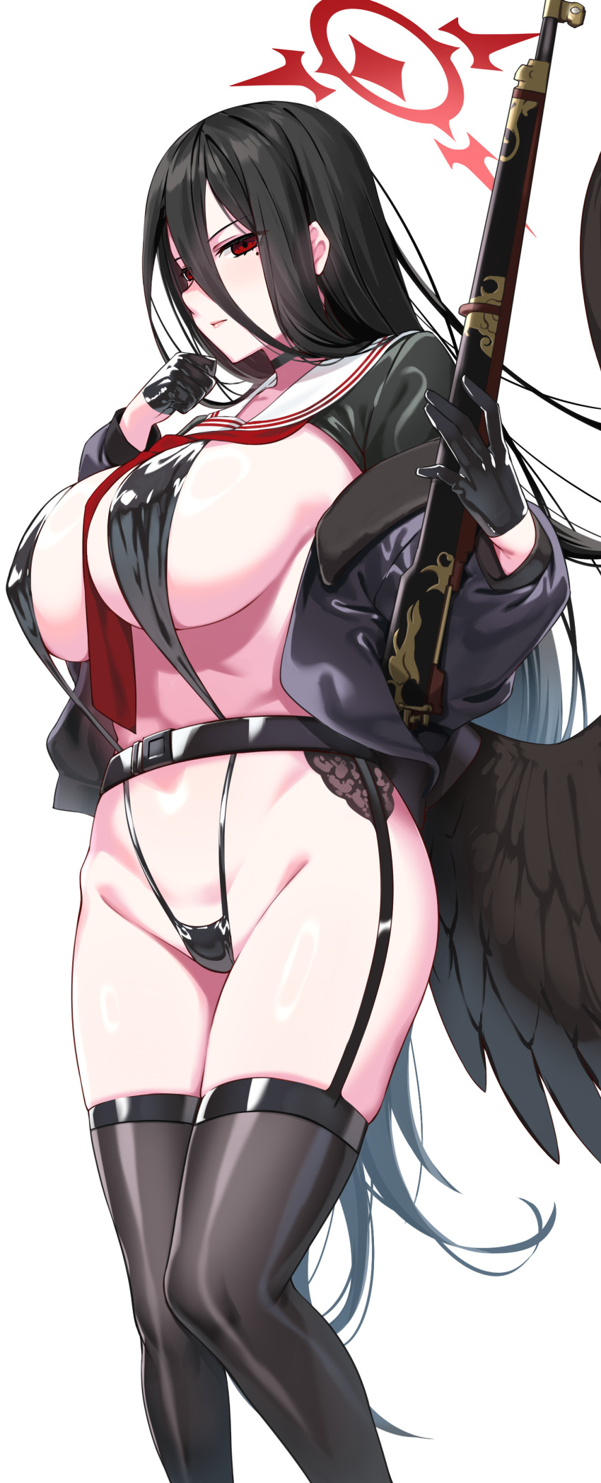 1girl absurdres belt black_belt black_choker black_garter_straps black_gloves black_hair black_slingshot_swimsuit black_thighhighs black_wings blue_archive bolt_action breasts choker feathered_wings garter_straps gloves gun hair_between_eyes halo hasumi_(blue_archive) hiememiko highres large_breasts large_wings long_hair low_wings m1917_enfield mole mole_under_eye red_eyes red_halo rifle shrug_(clothing) solo standing thighhighs very_long_hair weapon wings