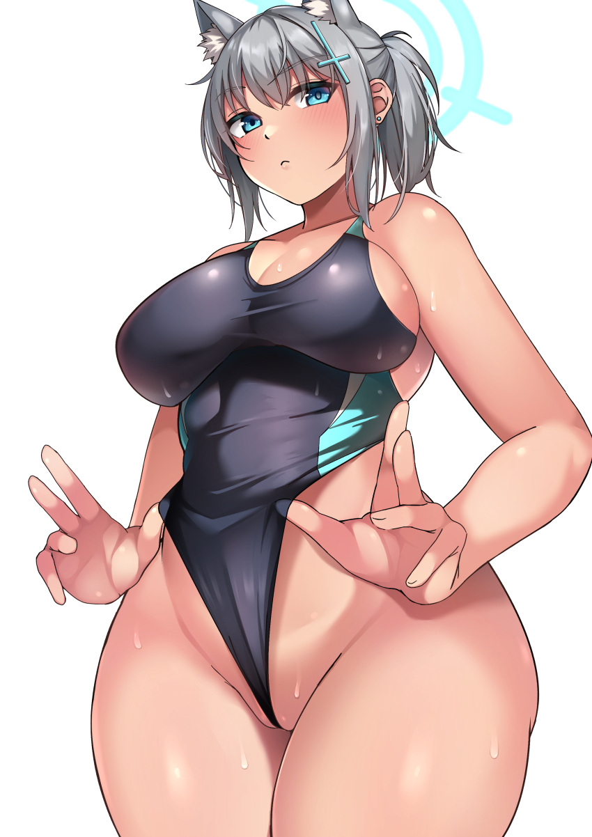 1girl absurdres animal_ear_fluff animal_ears aqua_eyes bare_arms black_one-piece_swimsuit blue_archive blush breasts cleavage closed_mouth clothes_pull collarbone cross_hair_ornament ear_piercing grey_hair hair_between_eyes hair_ornament halo highres large_breasts looking_at_viewer muyoshito official_alternate_costume one-piece_swimsuit one-piece_swimsuit_pull piercing ponytail shiroko_(blue_archive) shiroko_(swimsuit)_(blue_archive) short_hair sidelocks simple_background solo standing swimsuit white_background wide_hips