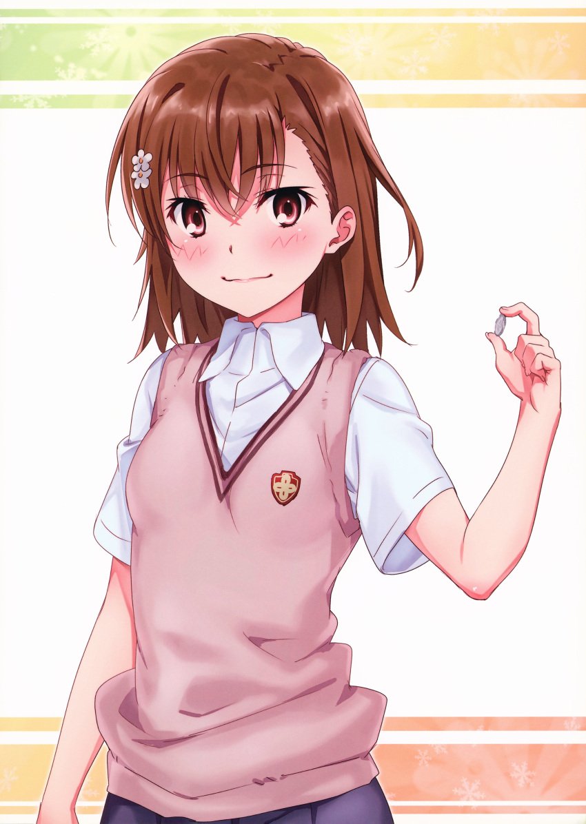 1girl absurdres blush brown_eyes brown_hair brown_sweater_vest closed_mouth coin cowboy_shot dress_shirt emblem fingernails grey_skirt hair_ornament highres holding holding_coin isshi_pyuma lips looking_at_viewer medium_hair misaka_mikoto non-web_source school_emblem school_uniform shirt short_sleeves skirt smile solo summer_uniform sweater_vest toaru_kagaku_no_railgun toaru_majutsu_no_index tokiwadai_school_uniform upper_body v-neck vest white_shirt