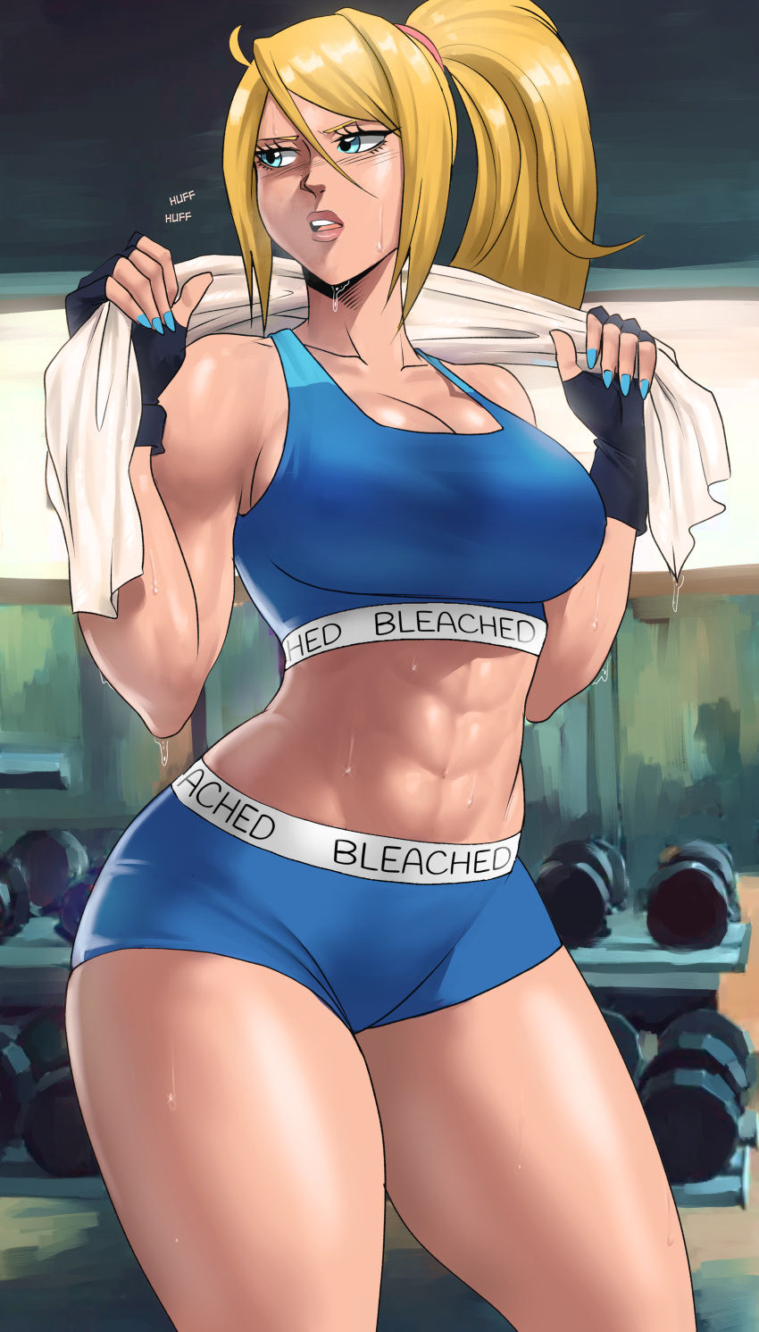 1girl abs absurdres bare_arms bare_shoulders black_gloves bleached_(phrase) blonde_hair blue_eyes blue_nails blue_shorts blue_sports_bra breasts cleavage collarbone cowboy_shot crop_top echo_saber fingerless_gloves gloves hair_between_eyes hands_up highres holding holding_towel large_breasts long_hair metroid midriff nail_polish navel parted_lips ponytail samus_aran short_sleeves shorts solo sports_bra standing stomach sweat thick_thighs thighs toned towel