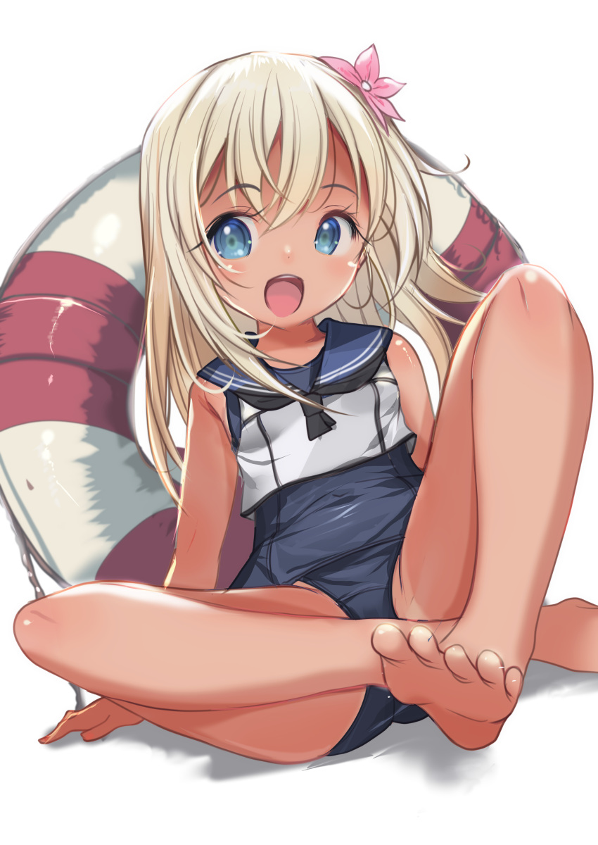 1girl absurdres blonde_hair blue_eyes blush breasts crop_top flower hair_flower hair_ornament highres kantai_collection lifebuoy long_hair looking_at_viewer one-piece_swimsuit one-piece_tan open_mouth ro-500_(kancolle) sailor_collar school_swimsuit school_uniform serafuku simple_background sitting smile solo swim_ring swimsuit swimsuit_under_clothes tan tanlines white_background yashin_(yasinz)