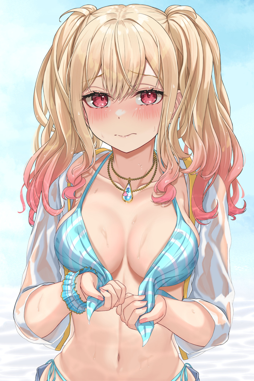 1girl absurdres bikini blonde_hair blue_bikini blush breasts cleavage collarbone highres hinato1710 jewelry large_breasts long_hair looking_at_viewer navel necklace project_sekai solo swimsuit tenma_saki twintails wet