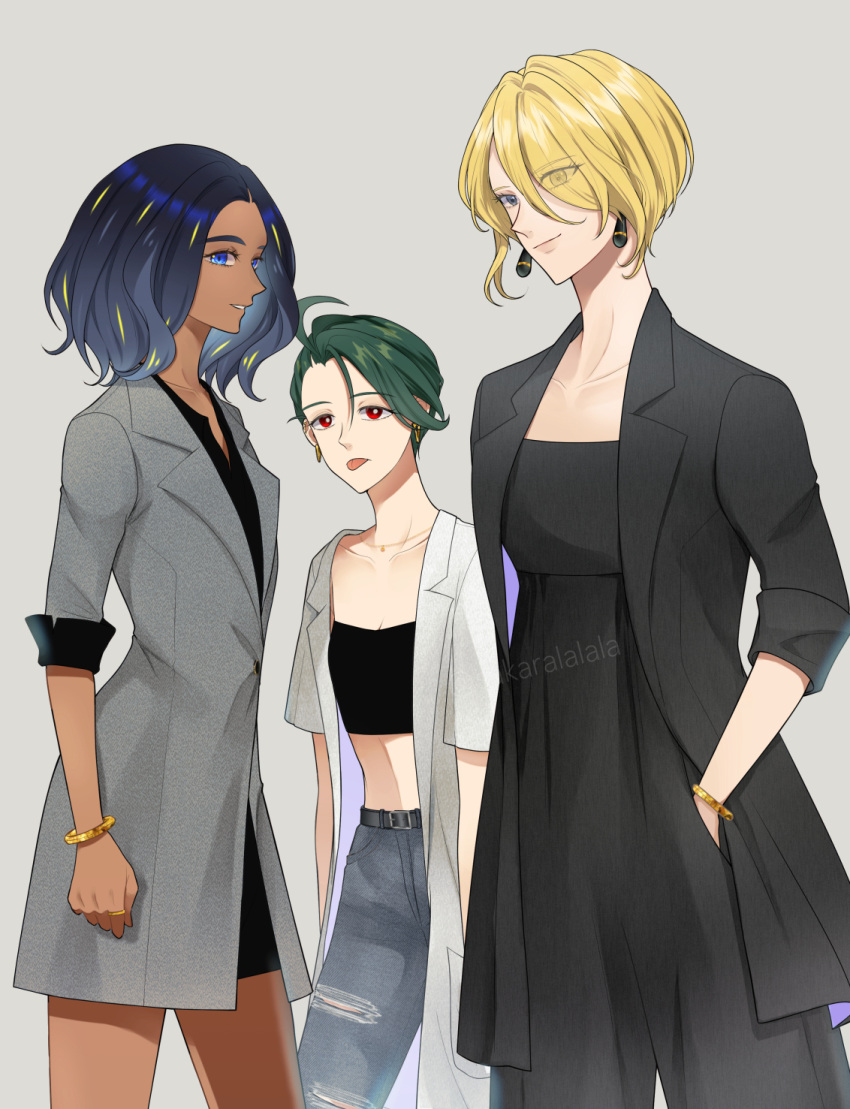 3girls ahoge alternate_hairstyle bare_shoulders belt blonde_hair blue_eyes closed_mouth coat cynthia_(pokemon) dark-skinned_female dark_skin denim earrings geeta_(pokemon) green_hair grey_eyes hair_over_one_eye highres jeans jewelry long_sleeves looking_at_viewer multiple_girls open_clothes open_coat pants pokemon red_eyes rika_(pokemon) sakaralalala shirt short_hair smile torn_clothes torn_jeans torn_pants