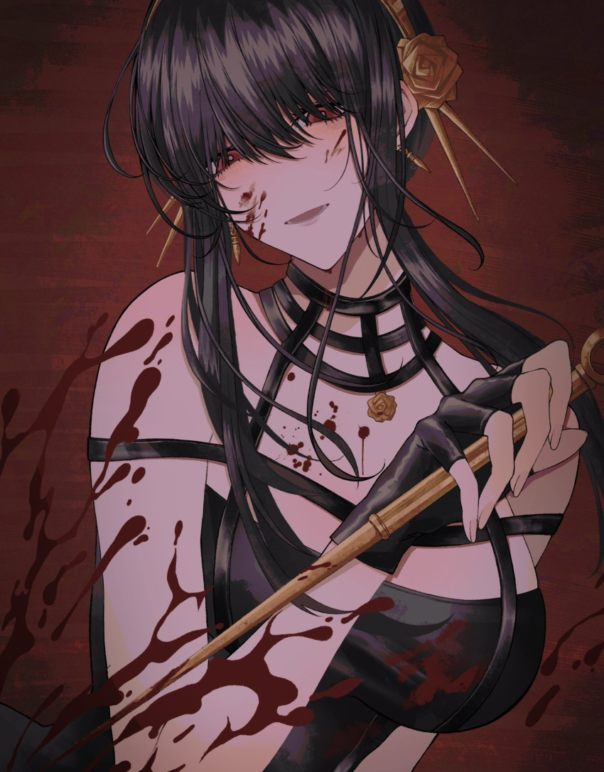 1girl bare_shoulders black_dress black_hair blood blood_on_clothes blood_on_face blood_on_hands blood_on_knife blood_on_weapon blood_splatter blush breasts cleavage dagger dress earrings flower gloves gold_earrings gold_hairband hair_ornament hairband highres holding holding_dagger holding_knife holding_weapon jewelry knife large_breasts long_hair looking_at_viewer red_eyes sidelocks smile solo spy_x_family stiletto_(weapon) two-sided_dress two-sided_fabric weapon yor_briar zero_zhengyi