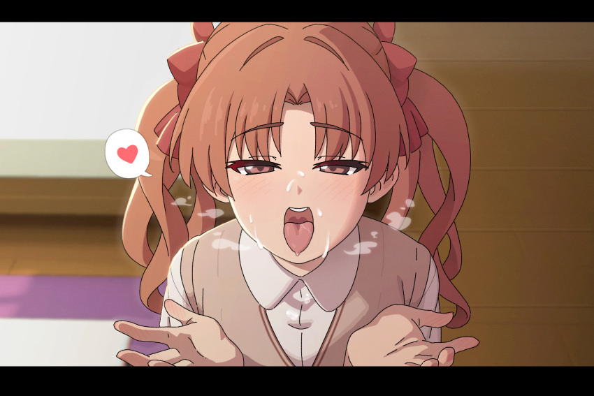 1girl after_ejaculation bow brown_eyes brown_hair brown_sweater_vest collared_shirt cum cupping_hands english_commentary facial gokkun hair_bow hands_up heart highres indoors long_hair looking_at_viewer open_mouth own_hands_together paid_reward_available pov red_bow school_uniform shirai_kuroko shirt short_sleeves sleepy_frippy solo spoken_heart summer_uniform sweater_vest toaru_kagaku_no_railgun toaru_majutsu_no_index tokiwadai_school_uniform tongue tongue_out twintails white_shirt