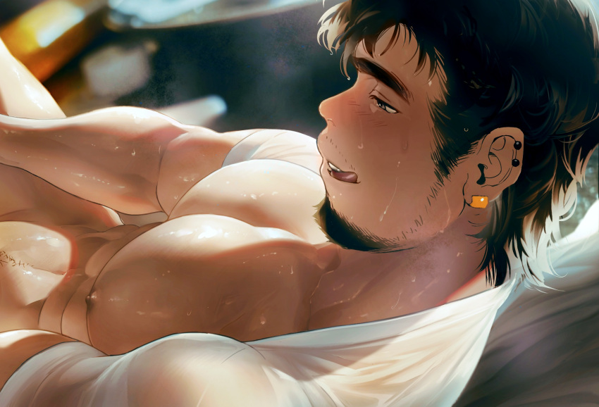 1boy bara bare_pectorals blush bottomless clothes_lift ear_piercing earrings facial_hair forearms from_side half-closed_eyes highres isuke jewelry large_pectorals licking_lips male_focus male_masturbation masturbation medium_sideburns muscular muscular_male mustache_stubble nipples nose_blush original out-of-frame_censoring paid_reward_available parted_lips pectorals piercing profile see-through shirt_behind_neck shirt_lift sideburns_stubble solo sparse_navel_hair stubble sweat sweaty_clothes thick_eyebrows tongue tongue_out torogao very_sweaty wet wet_hair