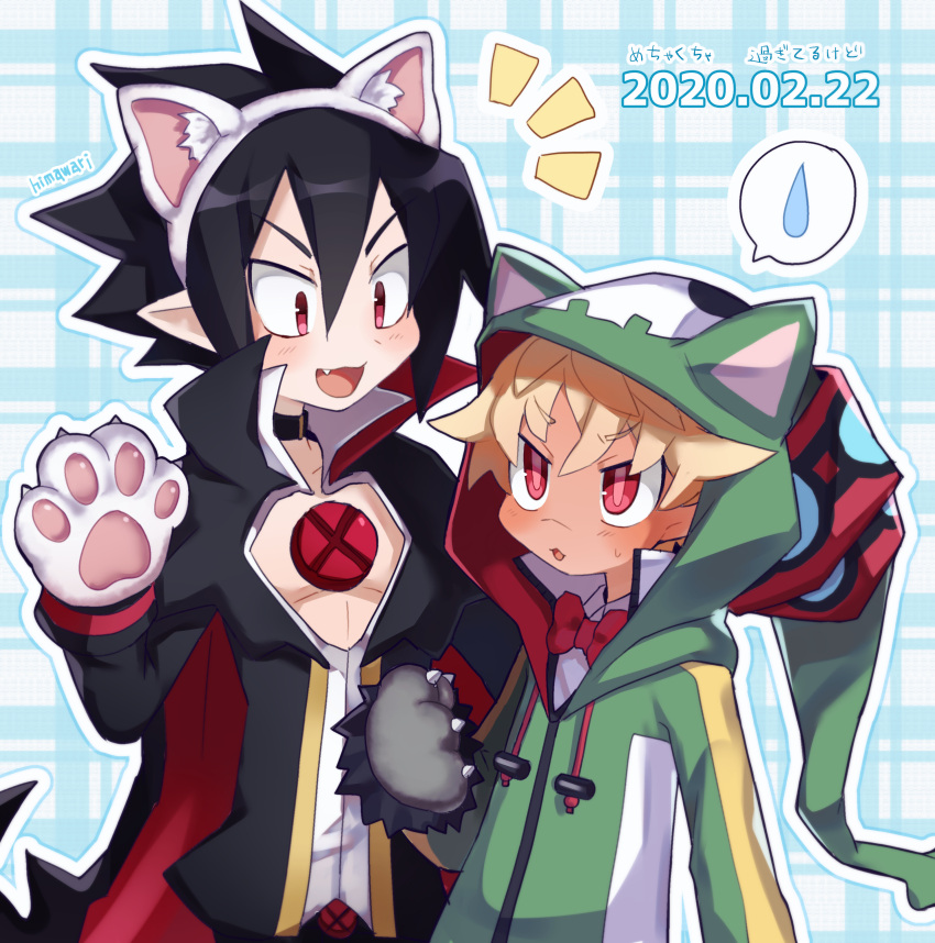 2boys absurdres animal_ears animal_hands blonde_hair bow bowtie cape cat_ears cat_paws child dated demon_boy disgaea emizel_(disgaea) fake_animal_ears green_hoodie hair_between_eyes highres himawari_(kawaisounaedesu) hood hoodie long_sleeves makai_senki_disgaea_4 multiple_boys pointy_ears red_bow red_bowtie valvatorez_(disgaea) vampire