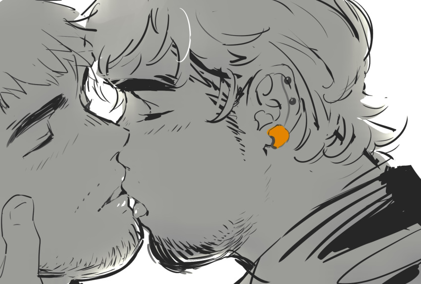 2boys bara close-up couple earrings face-to-face facial_hair from_side goatee_stubble greyscale happy highres isuke jewelry kiss licking licking_another's_face licking_another's_lips light_blush male_focus monochrome multiple_boys original profile shirt short_hair sideburns_stubble sketch smile sparse_stubble spot_color stubble t-shirt thick_eyebrows tongue tongue_out unfinished wavy_hair white_background yaoi