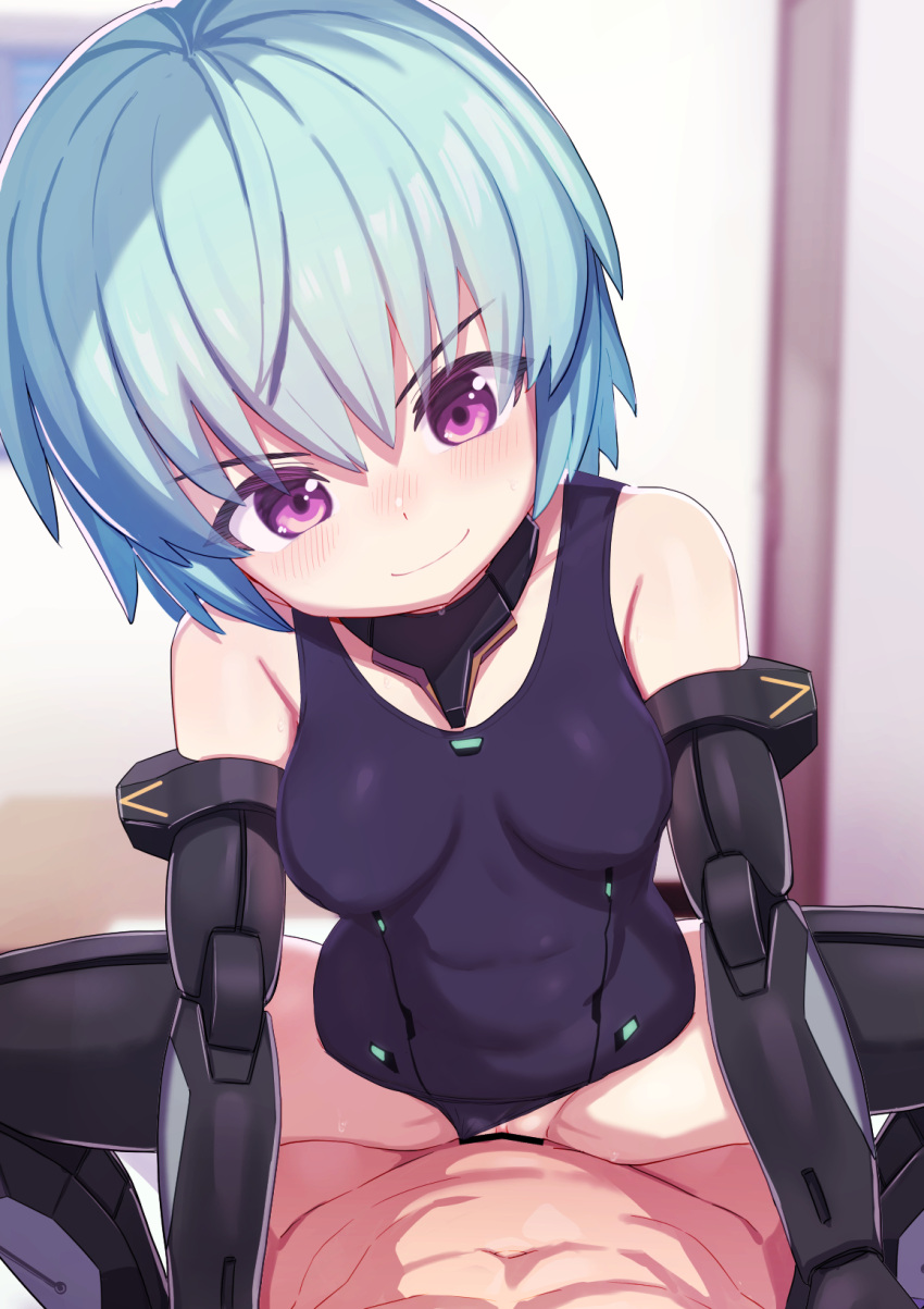 1boy 1girl arm_support bar_censor blue_hair breasts censored clothed_female_nude_male clothed_sex clothing_aside commission frame_arms_girl girl_on_top head_tilt hetero highres hresvelgr joints lolicom looking_down medium_breasts nude one-piece_swimsuit pov purple_eyes pussy robot_joints sex short_hair skeb_commission smile squatting squatting_cowgirl_position swimsuit swimsuit_aside vaginal