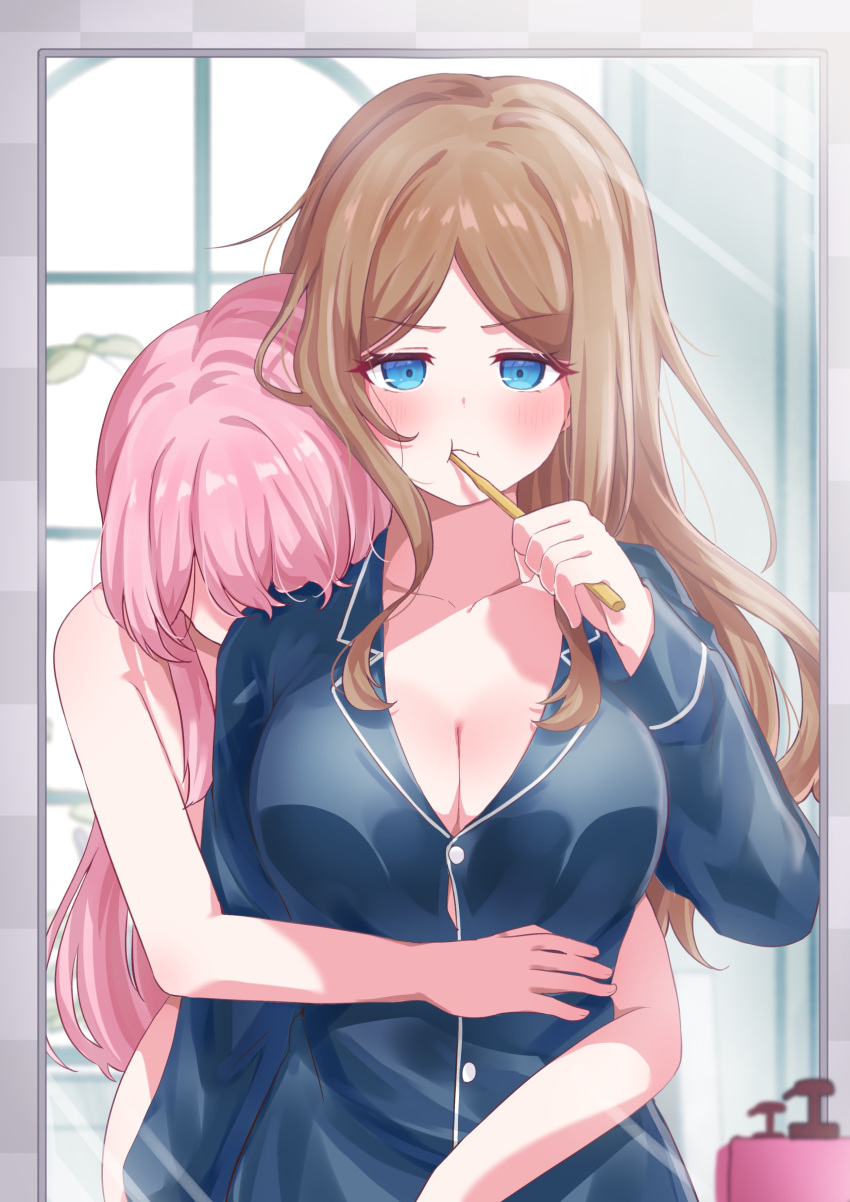 2girls absurdres bang_dream! bang_dream!_it's_mygo!!!!! blue_eyes blue_shirt blush breasts brown_hair brushing_teeth chihaya_anon cleavage closed_mouth collared_shirt commentary commentary_request dress_shirt highres holding holding_toothbrush hug hug_from_behind indoors large_breasts long_hair looking_at_mirror looking_at_viewer meu203 mirror multiple_girls nagasaki_soyo nude pajamas pink_hair shirt sidelocks toothbrush toothbrush_in_mouth yuri