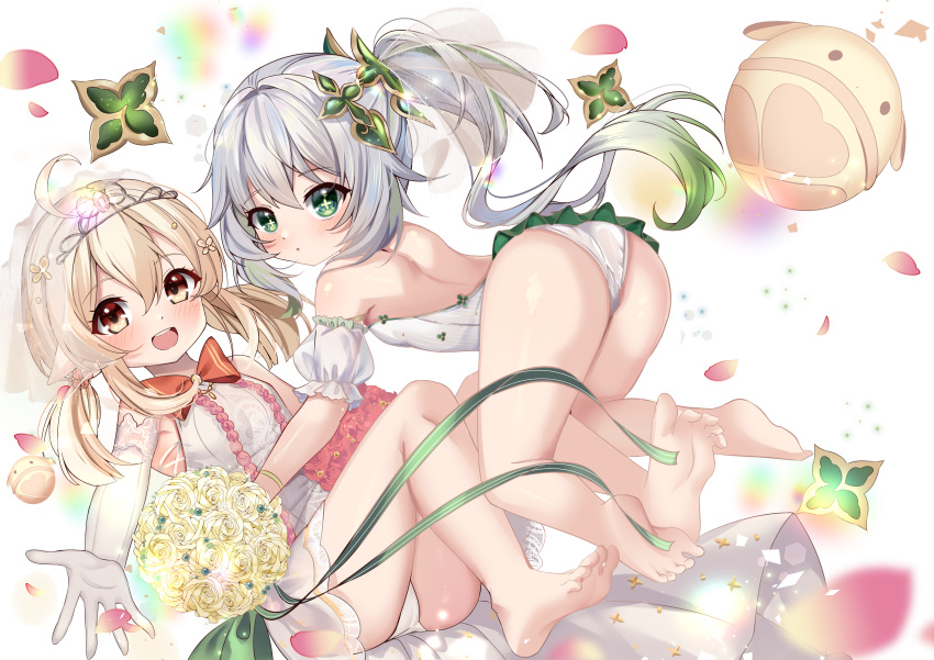 2girls absurdres ass backless_leotard bare_legs bare_shoulders barefoot blonde_hair bow breasts brown_eyes cross-shaped_pupils detached_sleeves dress elbow_gloves genshin_impact gloves gradient_hair green_eyes green_hair grey_hair hair_between_eyes highres klee_(genshin_impact) leotard long_hair low_twintails multicolored_hair multiple_girls nahida_(genshin_impact) panties petals pointy_ears puffy_short_sleeves puffy_sleeves red_bow rinringyo see-through see-through_sleeves short_sleeves simple_background sleeveless sleeveless_dress small_breasts soles streaked_hair symbol-shaped_pupils twintails underwear very_long_hair white_background white_dress white_gloves white_leotard white_panties white_sleeves