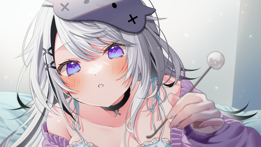 1girl :o absurdres bare_shoulders blindfold blindfold_lift blush dot_nose hair_ornament highres indie_virtual_youtuber indoors looking_at_viewer lying on_bed on_stomach pome_charo purple_eyes purple_shirt shirt solo_focus square_pupils variant_set x_hair_ornament