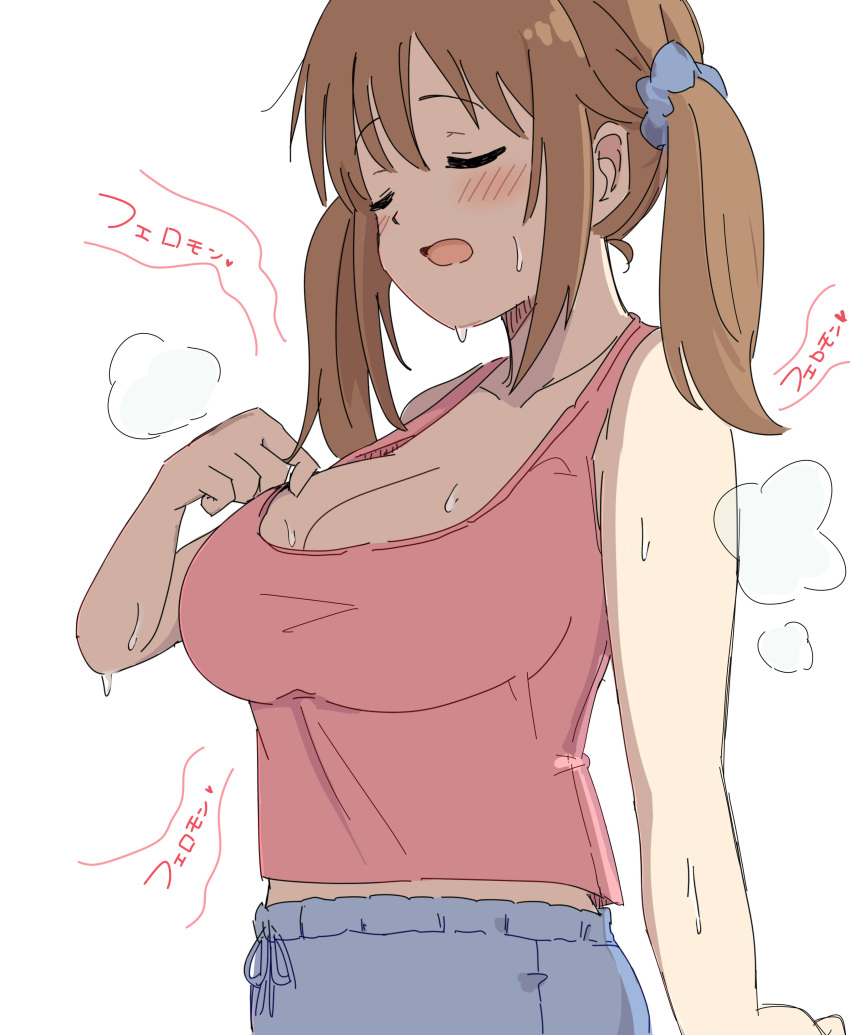 1girl absurdres bare_shoulders blue_scrunchie blush breasts brown_hair cleavage closed_eyes closed_mouth clothes_pull collarbone from_side hair_ornament hair_scrunchie hand_up highres hot idolmaster idolmaster_cinderella_girls idolmaster_cinderella_girls_starlight_stage large_breasts long_hair midriff_peek nono_(totokin) open_mouth pink_shirt scrunchie shirt shirt_pull sleeveless sleeveless_shirt solo steam sweat totoki_airi twintails upper_body