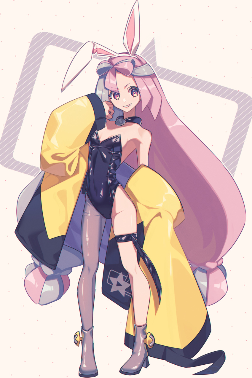 1girl animal_ears bare_shoulders black_leotard blue_hair bow-shaped_hair breasts fake_animal_ears highres iono_(pokemon) jacket leotard long_hair looking_at_viewer miri_(cherryjelly) multicolored_hair oversized_clothes pink_hair playboy_bunny pokemon pokemon_sv rabbit_ears sharp_teeth single_leg_pantyhose sleeveless sleeves_past_fingers sleeves_past_wrists smile solo teeth two-tone_hair yellow_jacket