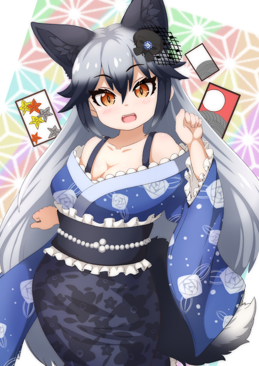 1girl animal_ears blush bow bra_strap breasts cleavage ev_(kemomimizuku) extra_ears fox_ears fox_girl fox_tail furisode grey_hair hanafuda highres japanese_clothes kemono_friends kemono_friends_3 kimono large_breasts long_hair looking_at_viewer multicolored_hair official_alternate_costume silver_fox_(kemono_friends) solo tail wide_sleeves