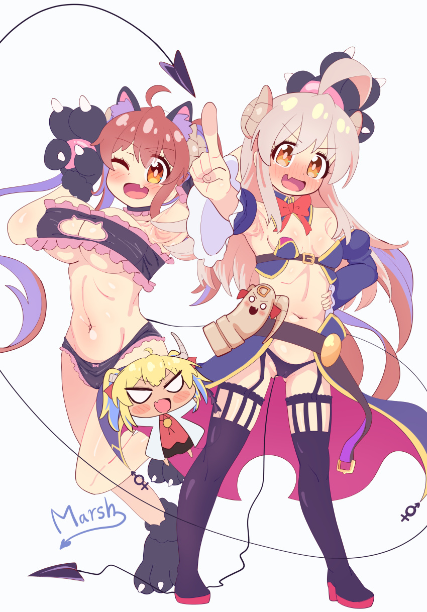 3girls :d ;d absurdres ahoge animal_hands armpits arms_up ass_visible_through_thighs bare_shoulders black_bra black_choker black_footwear black_panties blonde_hair blush blush_stickers boots bow bowtie bra breasts bright_pupils brown_eyes brown_hair cameltoe cat_cutout cat_lingerie chibi chibi_inset choker cleavage cleavage_cutout clothing_cutout commentary_request cosplay costume_switch crisis_management_form_(machimazo) crossover curled_horns curvy dark-skinned_female dark_skin demon_girl demon_horns demon_tail detached_collar detached_sleeves embarrassed eyelashes eyes_visible_through_hair fang foreshortening frilled_bra frilled_choker frilled_panties frills full-face_blush full_body gloves groin hair_between_eyes hand_on_own_hip happy highres horns index_finger_raised juliet_sleeves large_breasts light_brown_hair lilith_(machikado_mazoku) lilith_(machikado_mazoku)_(cosplay) long_hair long_sleeves looking_at_viewer machikado_mazoku marsh753315 meme_attire midriff multiple_girls navel nose_blush o_o one_eye_closed onii-chan_wa_oshimai! open_mouth outstretched_arm outstretched_arms oyama_mahiro oyama_mahiro_(cosplay) oyama_mihari oyama_mihari_(cosplay) panties paw_gloves pointing pointing_at_viewer puffy_sleeves red_bow red_bowtie sidelocks signature simple_background skin_fang small_breasts smile standing standing_on_one_leg tail tareme thigh_boots twintails underwear v-shaped_eyebrows very_long_hair white_background yoshida_yuuko_(machikado_mazoku) yoshida_yuuko_(machikado_mazoku)_(cosplay)