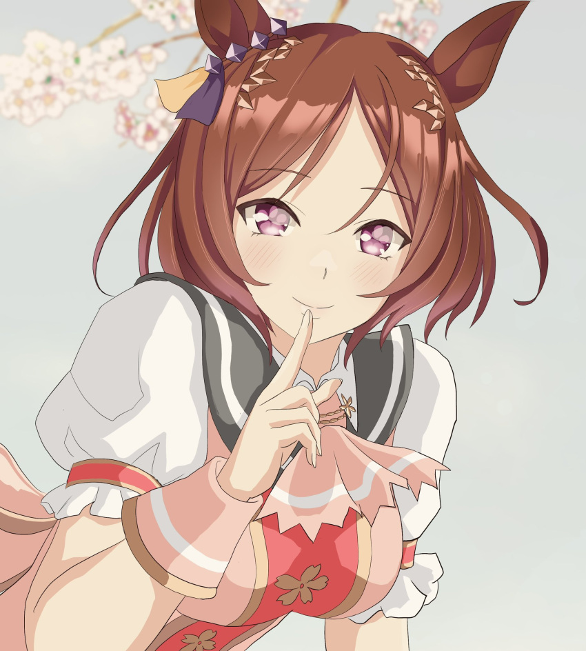 1girl animal_ears ascot breasts brown_hair flower flower_in_eye grey_background highres horse_ears horse_girl masasim pink_ascot puffy_short_sleeves puffy_sleeves purple_eyes sakura_laurel_(umamusume) short_hair short_sleeves smile solo symbol_in_eye tree umamusume upper_body