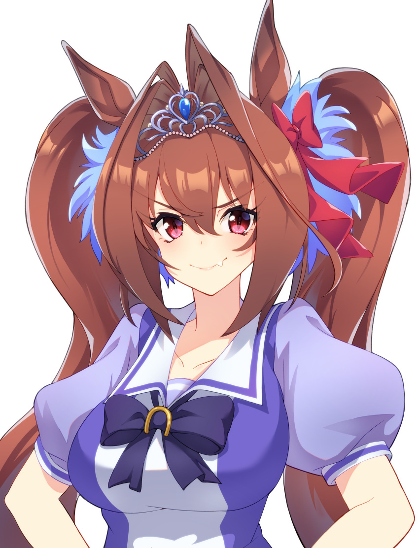 1girl absurdres animal_ears brown_hair daiwa_scarlet_(umamusume) fang highres horse_ears horse_girl kurokawa_heuy looking_at_viewer puffy_short_sleeves puffy_sleeves school_uniform short_sleeves simple_background skin_fang smile solo tiara tracen_school_uniform twintails umamusume white_background