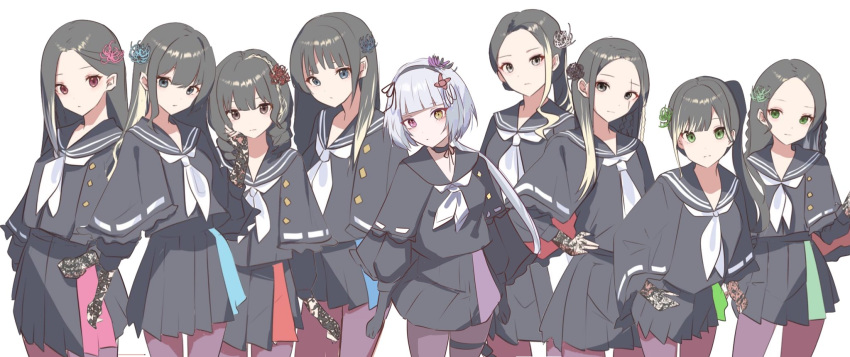 6+girls arm_at_side arms_at_sides assault_lily black_capelet black_choker black_flower black_gloves black_hair black_hairband black_ribbon black_sailor_collar black_serafuku black_shirt black_skirt blonde_hair blue_eyes blue_flower blunt_bangs bow_hairband braid capelet choker closed_mouth commentary_request cowboy_shot drill_hair expressionless flower gloves green_eyes grey_eyes grey_hair hair_flower hair_ornament hair_ribbon hairband hand_on_own_cheek hand_on_own_face hand_on_own_hip hand_up hei_no_hana heterochromia highres houji_tea_latte kanoe_no_hana kanoto_no_hana kou_no_hana lace lace_gloves long_hair looking_at_viewer low_ponytail medium_hair miniskirt mizunoe_no_hana multicolored_hair multiple_girls neckerchief otsu_no_hana pantyhose parted_bangs pink_eyes pink_flower pleated_skirt ponytail purple_flower purple_pantyhose red_eyes red_flower ribbon ribbon_choker sailor_collar scar scar_across_eye school_uniform serafuku shirt side-by-side side_ponytail simple_background skirt standing streaked_hair tei_no_hana thigh_strap tsuchinoe_no_hana tsuchinoto_no_hana twin_braids two-tone_hair white_background white_flower white_neckerchief yellow_eyes