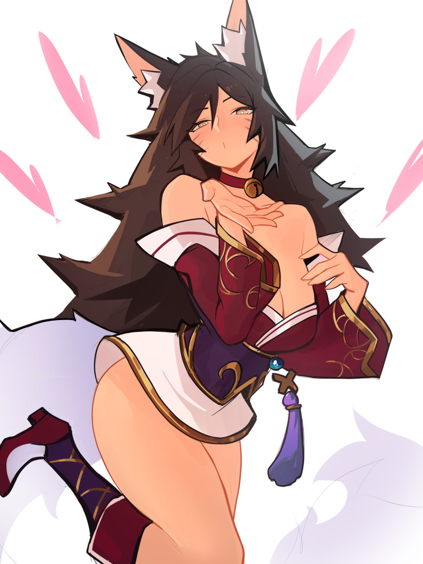 1girl ahri_(league_of_legends) animal_ears bare_shoulders bell breasts brown_eyes brown_hair choker cleavage distr facial_mark fox_ears fox_girl fox_tail hands_up highres korean_clothes large_breasts league_of_legends long_hair long_sleeves neck_bell red_choker red_footwear solo tail whisker_markings