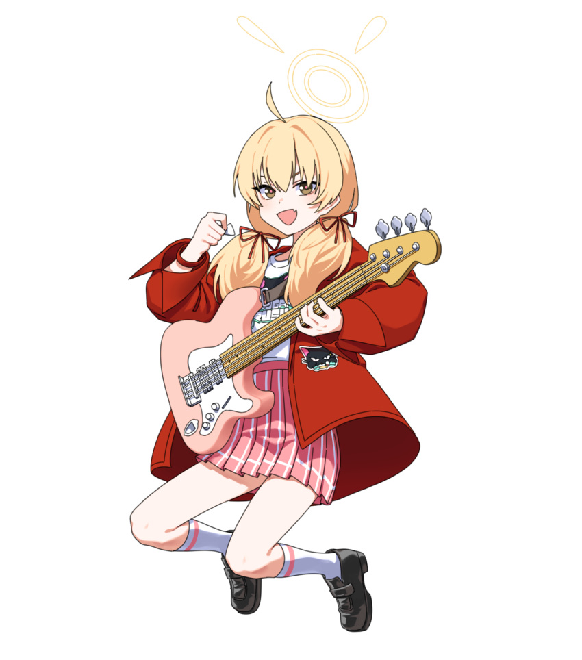 1girl ahoge artpatient black_footwear blonde_hair blue_archive electric_guitar fang guitar hair_between_eyes halo highres holding holding_instrument instrument jacket long_hair long_sleeves looking_at_viewer low_twintails official_alternate_costume open_clothes open_jacket open_mouth pink_skirt pleated_skirt red_jacket shirt shoes simple_background skin_fang skirt smile socks solo twintails white_background white_shirt white_socks yellow_eyes yellow_halo yoshimi_(band)_(blue_archive) yoshimi_(blue_archive)