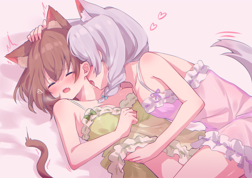 2girls animal_ear_fluff animal_ears bang_dream! bite_mark bite_mark_on_neck bite_mark_on_shoulder biting blue_bow blue_camisole blush bow braid breasts brown_hair camisole cat_ears cat_girl cat_tail closed_eyes commentary_request dog_ears dog_girl dog_tail fang hair_bow hand_on_another's_head hand_under_clothes highres kemonomimi_mode long_hair medium_breasts meu203 multiple_girls neck_biting open_mouth pink_camisole short_hair skin_fang tail wakamiya_eve white_hair yamato_maya yuri