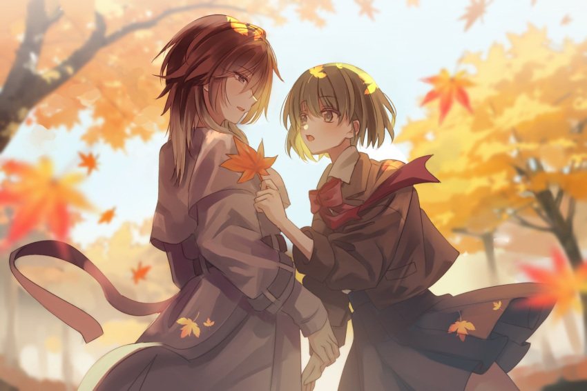 2girls :o aketa_mikoto autumn black_skirt blush bow bowtie brown_coat brown_hair coat eye_contact falling_leaves gradient_hair green_hair holding holding_another's_wrist holding_leaf idolmaster idolmaster_shiny_colors kevn leaf long_sleeves looking_at_another maple_leaf multicolored_hair multiple_girls nanakusa_nichika outdoors pleated_skirt profile red_bow red_bowtie skirt tree