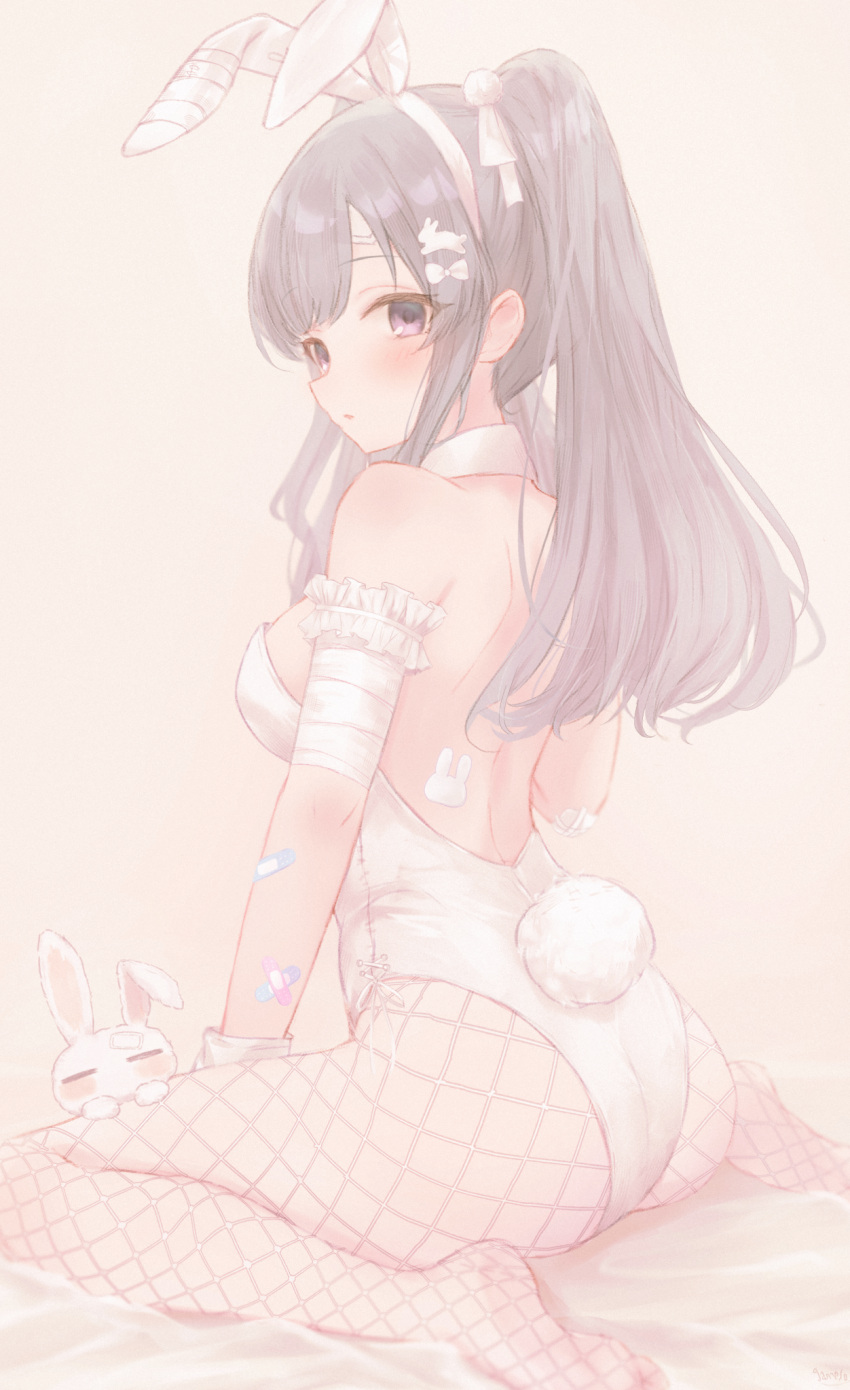 1girl =_= alternate_costume animal_ear_hairband animal_ears ass bandaged_arm bandages bandaid bandaid_on_arm bandaid_on_face bandaid_on_forehead blush breasts detached_collar fake_animal_ears fake_tail fishnet_pantyhose fishnets gameso grey_hair hairband highres idolmaster idolmaster_shiny_colors leotard long_hair looking_at_viewer looking_back medium_breasts pantyhose playboy_bunny purple_eyes rabbit_ear_hairband rabbit_ears rabbit_tail sitting soles solo strapless strapless_leotard tail twintails very_long_hair wariza white_leotard white_rabbit_(animal) yukoku_kiriko