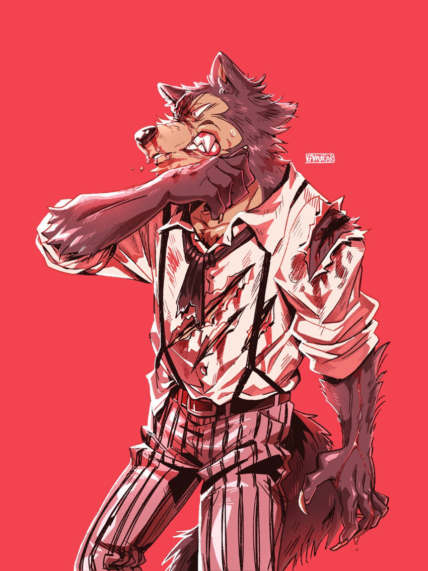 anthro beastars blood bodily_fluids canid canine canis clothing gamubear hi_res legoshi_(beastars) male mammal nosebleed simple_background solo torn_clothing wolf wounded