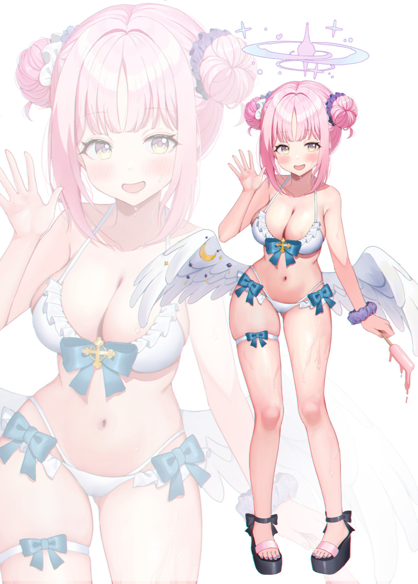 1girl angel_wings bikini blue_archive blush breasts cleavage double_bun feathered_wings food hair_bun halo highres holding holding_food kubong large_breasts long_hair looking_at_viewer mika_(blue_archive) navel open_mouth pink_hair pink_halo popsicle sandals simple_background smile solo swimsuit toes white_background white_bikini white_wings wings yellow_eyes zoom_layer