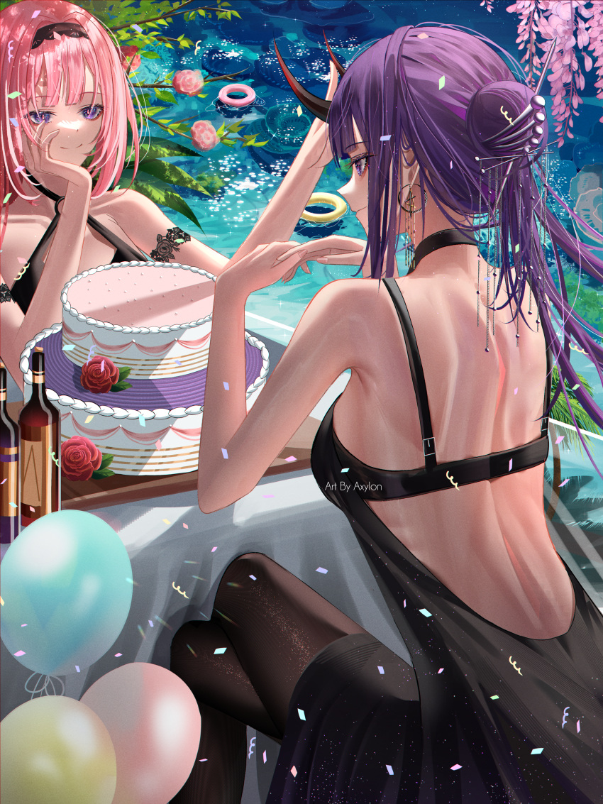 2girls absurdres alternate_costume armband artist_name axylon back balloon birthday_cake black_bra black_dress black_hairband black_horns black_pantyhose bottle bra breasts cake commentary crossed_legs dress earrings elysia_(honkai_impact) eyeliner flower food hair_bun hair_ornament hairband highres honkai_(series) honkai_impact_3rd horns jewelry long_hair looking_at_another makeup medium_breasts multicolored_horns multiple_girls o-ring o-ring_dress pantyhose pink_eyes pink_hair pink_pupils purple_eyes purple_hair raiden_mei raiden_mei_(herrscher_of_thunder) red_eyeliner red_flower red_horns red_rose rose short_hair sideboob sidelocks sleeveless sleeveless_dress smile table underwear water wine_bottle