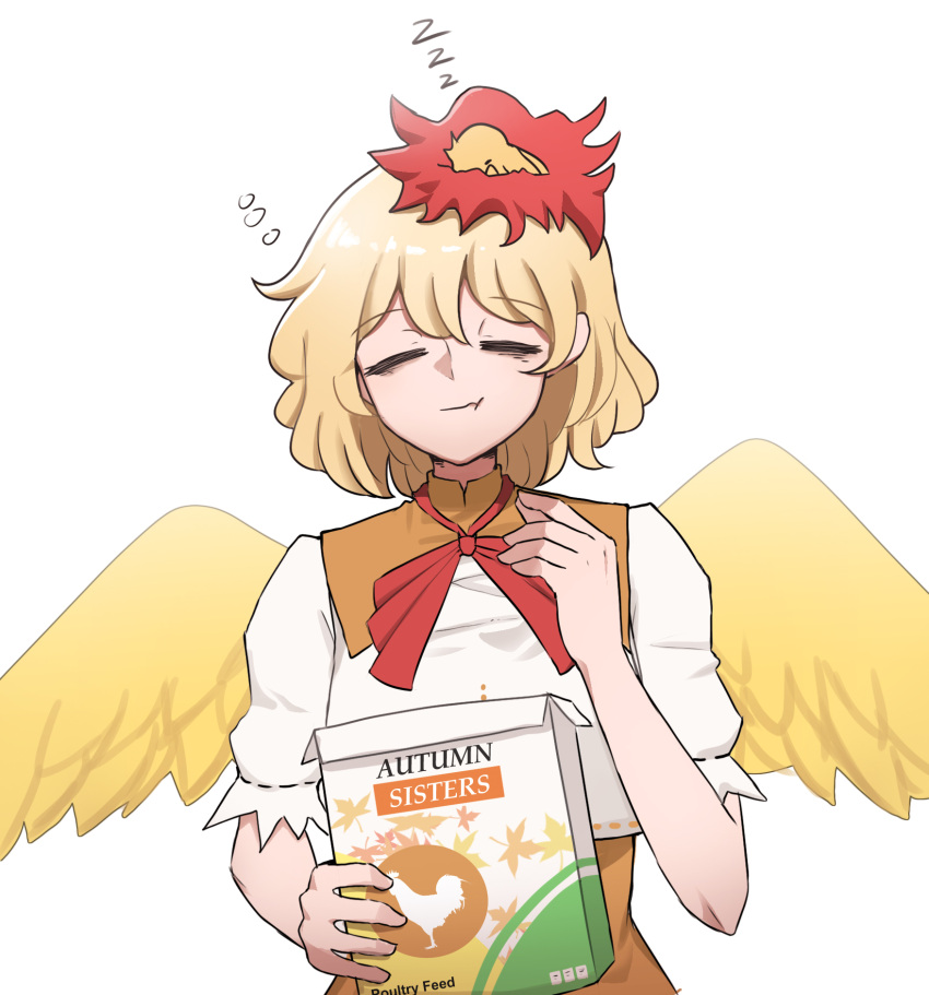 1girl bird_wings blonde_hair dress eating feathered_wings highres mata_(matasoup) neckerchief niwatari_kutaka orange_dress red_hair red_neckerchief shirt short_hair solo touhou upper_body white_shirt wings yellow_wings