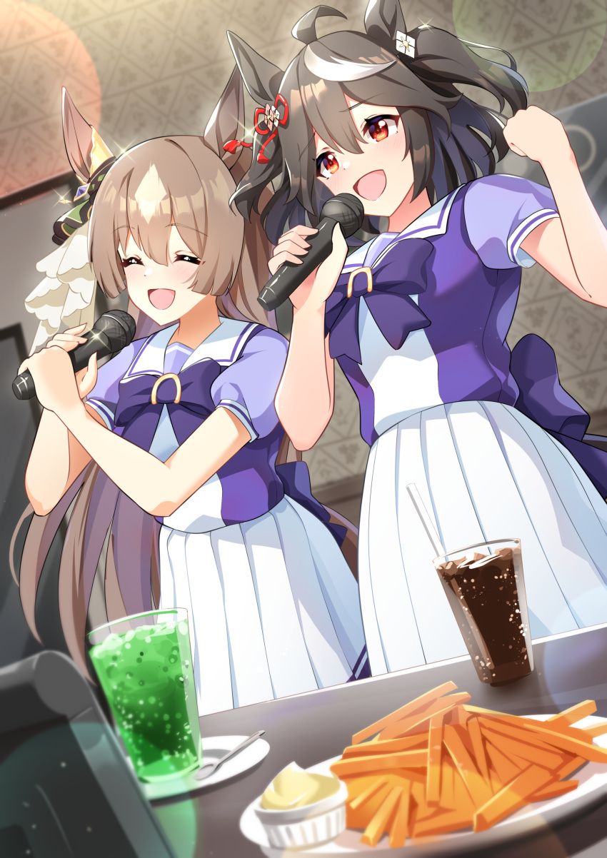 2girls absurdres animal_ears bow brown_hair carrot commentary_request ear_ornament food hair_between_eyes highres holding holding_microphone horse_ears horse_girl horse_tail indoors karaoke kitasan_black_(umamusume) lens_flare microphone multicolored_hair multiple_girls puffy_short_sleeves puffy_sleeves purple_bow purple_shirt red_eyes satono_diamond_(umamusume) school_uniform shirt short_sleeves skirt smile sparkle streaked_hair summer_uniform sunny_(20597521) tail tracen_school_uniform umamusume white_hair