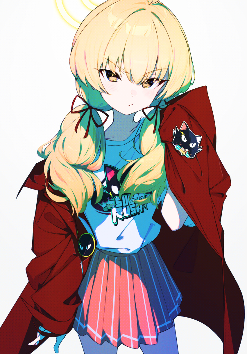 1girl blonde_hair blue_archive closed_mouth cowboy_shot halo highres jacket karasuri long_hair long_sleeves looking_at_viewer low_twintails official_alternate_costume open_clothes open_jacket pink_skirt pleated_skirt red_jacket shirt simple_background skirt solo twintails white_background white_shirt yellow_eyes yellow_halo yoshimi_(band)_(blue_archive) yoshimi_(blue_archive)