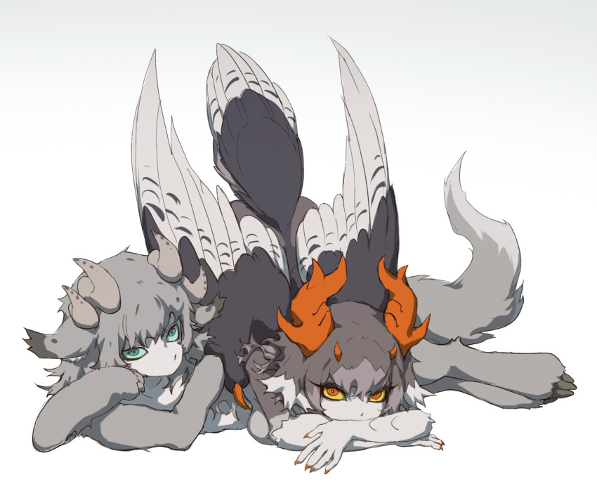 1boy 1girl animal_ears animal_feet animal_hands antlers bird_girl bird_tail bird_wings body_fur bright_pupils brother_and_sister claws colored_sclera colored_skin colored_tips crossed_arms cyany english_commentary feathered_wings full_body gradient_background green_eyes green_sclera grey_background grey_fur grey_hair grey_horns grey_skin grey_wings hand_on_own_cheek hand_on_own_face head_rest highres horns imuthar_(cyany) jack-o'_challenge long_hair looking_at_viewer lying lying_on_person monster_boy monster_girl multicolored_hair multiple_horns on_side orange_eyes orange_horns original savthee_(cyany) siblings simple_background tail top-down_bottom-up white_background white_pupils wings yellow_sclera