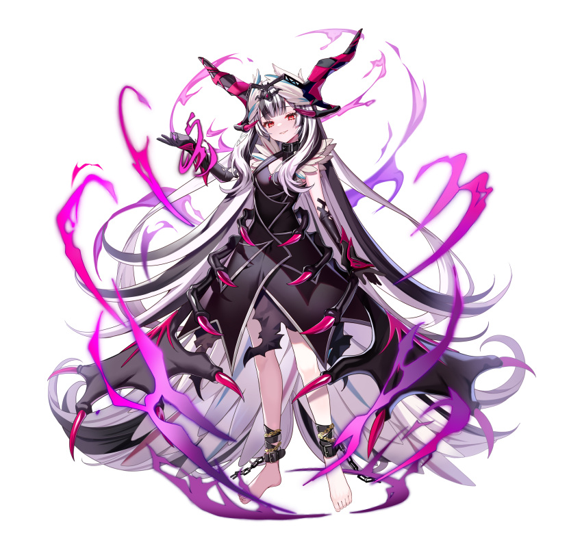 1girl absurdres barefoot black_hair breasts choker dress feather_hair_ornament feathers fire_emblem fire_emblem_engage full_body grey_hair hair_ornament highres long_hair looking_at_viewer multicolored_hair official_art petite purple_eyes satoupote smile solo two-tone_hair very_long_hair veyle_(fell_successor)_(fire_emblem) veyle_(fire_emblem) wavy_hair white_background