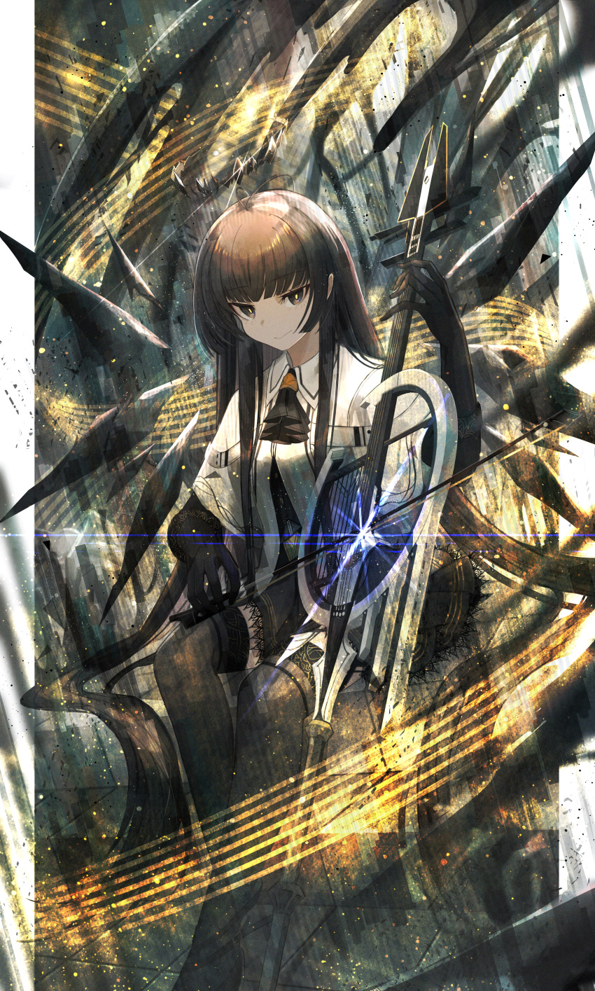 1girl a0_plnt absurdres antenna_hair arknights ascot belt belt_buckle black_ascot black_belt black_eyes black_footwear black_gloves black_hair black_halo black_skirt black_thighhighs black_wings blunt_bangs blurry blurry_background blurry_foreground bow_(music) broken_halo buckle bustier buttons cello closed_mouth collared_jacket commentary_request dark_halo depth_of_field detached_wings dutch_angle energy_wings foot_out_of_frame glint gloves hair_flowing_over halo hand_up highres hime_cut holding holding_bow_(music) holding_instrument instrument jacket knees lace-trimmed_skirt lace_trim layered_clothes layered_sleeves light_particles long_hair long_sleeves looking_at_viewer miniskirt mole mole_under_eye music originium_arts_(arknights) outside_border pillarboxed playing_instrument pleated_skirt short-sleeved_jacket short_over_long_sleeves short_sleeves sidelocks sitting skirt smile solo staff_(music) straight_hair thighhighs tile_floor tiles very_long_hair virtuosa_(arknights) white_jacket wide_sleeves wing_collar wings yellow_pupils zettai_ryouiki