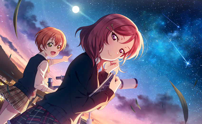 2girls :d absurdres argyle_clothes argyle_sweater_vest blush book cloud collared_shirt commentary dusk dutch_angle frilled_skirt frills green_eyes hair_between_eyes hair_ornament hairclip hairpin highres holding holding_book hoshizora_rin looking_at_viewer love_live! love_live!_school_idol_festival_2 love_live!_school_idol_project medium_hair moon multiple_girls neck_ribbon necktie nishikino_maki official_art open_mouth orange_hair outdoors plaid plaid_skirt pleated_skirt pointing purple_eyes red_hair red_necktie ribbon school_uniform shirt shooting_star short_hair skirt sky smile standing star_(sky) starry_sky sweater sweater_vest telescope third-party_source white_shirt yellow_ribbon