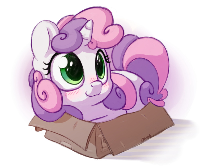 1girl blush bobdude0 box cardboard_box green_eyes horns in_box in_container multicolored_hair my_little_pony my_little_pony:_friendship_is_magic no_humans pink_hair purple_hair simple_background single_horn solo sweetie_belle two-tone_hair unicorn white_background white_fur