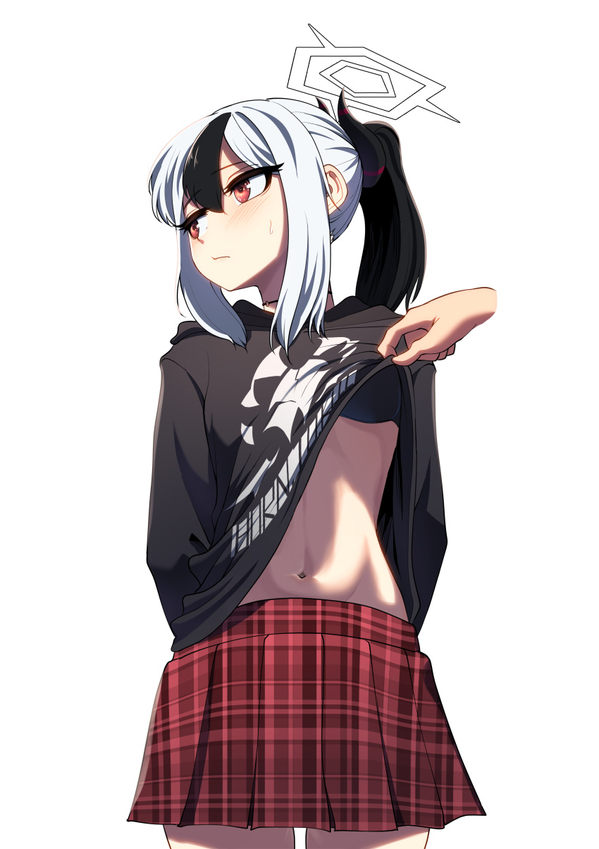 1girl absurdres arms_behind_back black_bra black_hair black_hoodie black_horns blue_archive bra bright_pupils closed_mouth clothes_lift cowboy_shot disembodied_limb frostblossom hair_between_eyes halo highres hood hoodie hoodie_lift horns kayoko_(blue_archive) lifting_another's_clothes looking_to_the_side multicolored_hair navel ponytail red_eyes red_skirt sidelocks simple_background skirt solo_focus two-tone_hair underwear white_background white_hair white_pupils