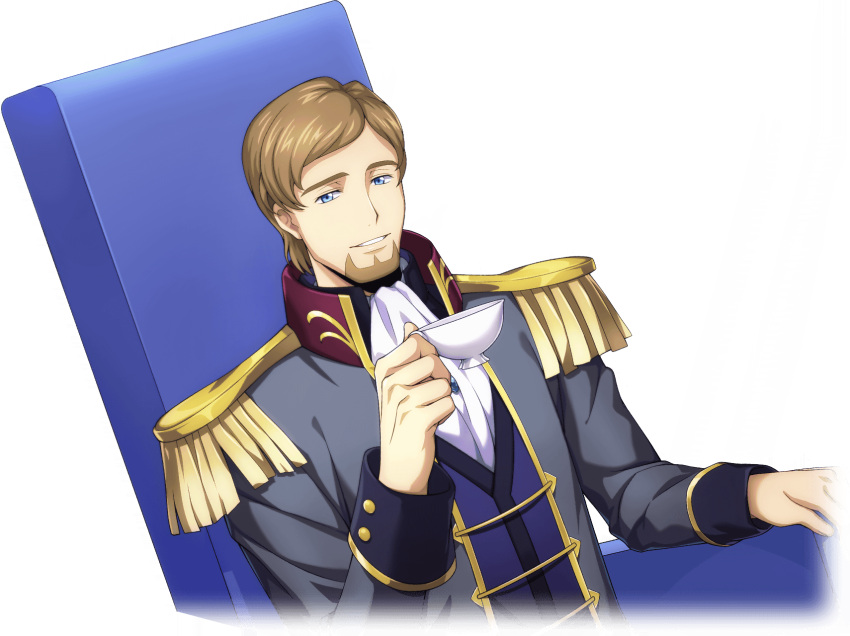 1boy artist_request ascot beard blue_eyes blue_vest brown_hair code_geass code_geass:_lost_stories cropped_torso cup drink dutch_angle epaulettes facial_hair game_cg grey_jacket grin half-closed_eyes hand_up happy high_collar highres holding holding_cup holding_drink jacket long_sleeves looking_at_viewer military_uniform non-web_source odysseus_eu_britannia official_art on_chair shirt short_hair simple_background sitting smile teacup teeth transparent_background uniform upper_body vest white_ascot white_shirt