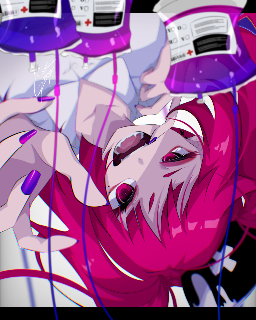 1girl absurdres bangs black_headwear blood blood_bag collarbone fangs floating_hair goma_irasuto hat highres mole mole_under_eye mouth_pull nurse nurse_cap open_hand open_mouth original purple_blood purple_nails red_eyes red_hair solo upside-down v-shaped_eyebrows